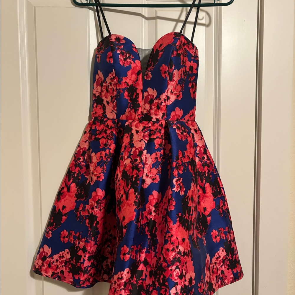 B Darlin Vibrant Blue and Red Floral Dress